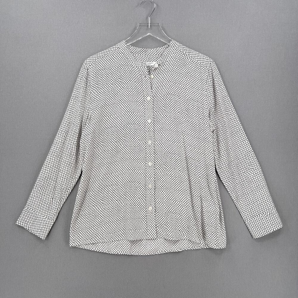 EQUIPMENT Silk Top Womens Large Cream Black Fishnet Print Long Sleeve Button Up